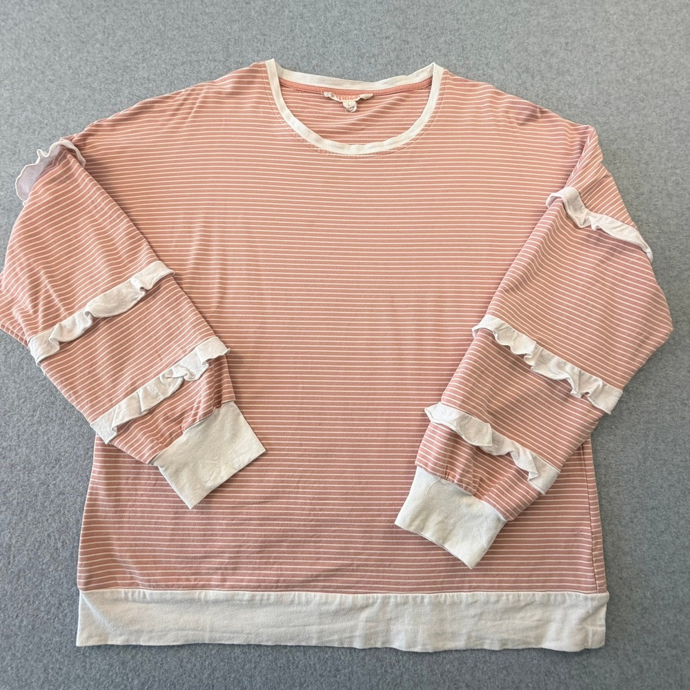 Mazik Pink White Striped Ruffle Sleeve Crewneck Top Large